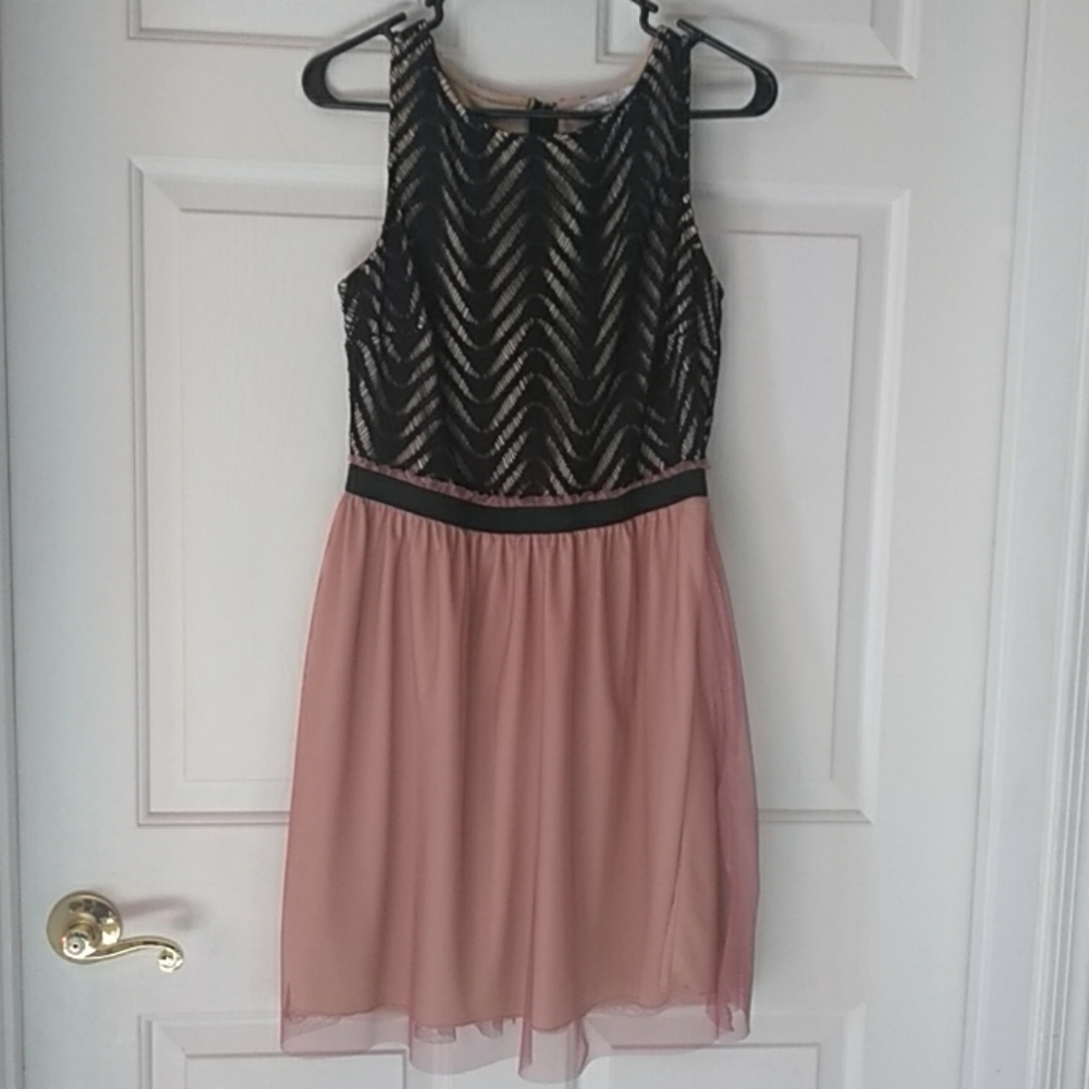 Black crochet overlay, pink sheer overlay dress